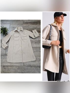 Bagatelle Collection Tan Herringbone Longline Shirt Jacket, Size Medium